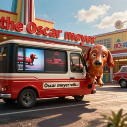 “the oscar meyer wiener mobile crashes into the side of a nostalgic 80s mall, newscast vintage VHS footage”