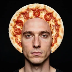 portrait of man with a rare deformational condition making the head flat and circular like a pizza, head looks exactly like a pizza, doughy skin with white pores, blemishes look like tomatoes, soft lighting, sharp focus, highly symmetrical, head and shoulders portrait, black background, masterpiece by herb ritts