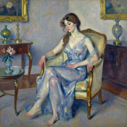 a woman is in state of self combustion sitting in an elegant living room, Tonalism Painting style,