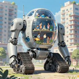 people living inside giant robots look like  apartment buildings, robots move on tank tracks, sci fi, anime