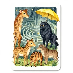 dixit card, animals, spots, stripes, high fantasy, labyrinth, alone in the dark, yellow parasol, black beast, intricate, amazing composition, colorful watercolor, by ruan jia, by maxfield parrish, by shaun tan, by nc wyeth, by michael whelan, by escher, illustration, gravity rush, volumetric, bloom, sunbeam, dappled