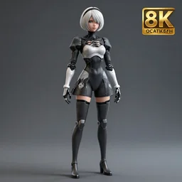 CAD render of a realistic android bodyguard modeled after 2B from Nier Automata and with slender feminine body type, solidworks, catia, autodesk inventor, unreal engine, gynoid cad design inspired by Masamune Shirow and Nier Automata and Ross Tran, product showcase, octane render 8k