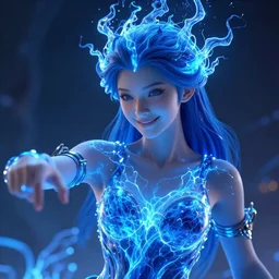 blue plasma energy goddess smiling down on creation, dramatic lighting, hdr, hyper realistic, octane, unreal, blender, raytracing, trending on artstation