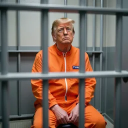 photo of donald trump sitting in a jail cell wearing an orange jumpsuit defocused bars in the foreground, 8 k, 8 5 mm f 1. 8