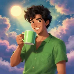 portrait of a ( ( ( una taza de cafe grande y verde ) ) ), ( ( futuro hermoso joven caliente caribeno macho alegre ) ), lleno de nubes y magia, el sol, concept character, by greg rutowski and tezuka and oi and mucha and bierstadt and remington, trending on artstation