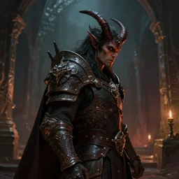 dungeons and dragons evil warrior demon character side profile portrait, dramatic light, dungeon background, 2 0 0 mm focal length, painted by stanley lau, painted by greg rutkowski, painted by stanley artgerm, digital art, trending on artstation