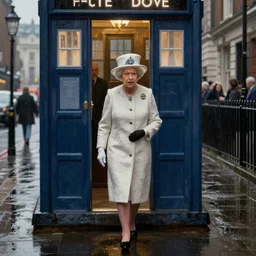 Hyperrealistic painting of Queen Elizabeth II walking out of the Tardis on a dark rainy London street
