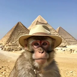 selfie of a monkey wearing a hat on top of the great pyramids of giza