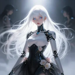 cyborg girl with white hair and black skirt, flower decorations, dreamy, beautiful illustration, scifi, radiant, atmosphere, harmony, top lighting, blue eyes, focused, perfect composition, artstation, highly detailed, art by yuhong ding and chengwei pan and serafleur and ina wong