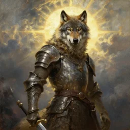 wolf as barbarian knight with big sword, strong sun backlight sunrays  body , extreme very textured detailed portrait oil painting by rembrandt,   dramatic clouds and  atmosphere
