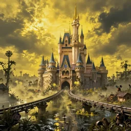 post - apocalyptic magic kingdom, wasteland, submerged, monorail, abandoned, wet, swamp, swamp gas, nuclear fallout, yellow mist, yellow sky, dark clouds, walt disney world, highly detailed, intricate, 8 k