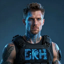 phil spencer wild great portrait, microsoft cinematic lighting, glowing blue runes, concept art, with tattoos wearing tactical gear, intricate lights, high detailed face, 4 k,