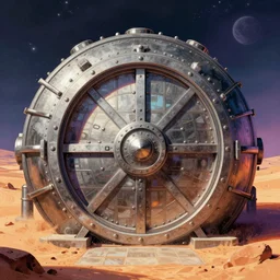 very detailed, prophet graphic novel, ilya kuvshinov, mcbess, rutkowski, simon roy, illustration of a large bank vault door on a desert planet, wide shot, colorful, deep shadows, astrophotography