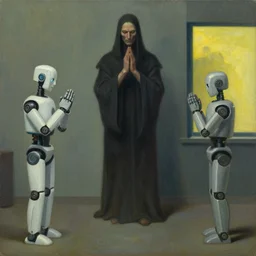 robots praying to an evil human false god, dystopian, pj crook, edward hopper, oil on canvas