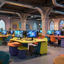 colorful industrial newsroom, colorful furniture, ceiling ducts, hd monitors, octane render, gothic columns, unreal engine 5, ray tracing, depth of field