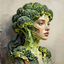 a portrait of of a model constructed from broccoli, collage, mixed media, drop shadow, organic, layered composition, layers, texture, mcu, broccoli, highly textured, layered, sculpted, dynamic,