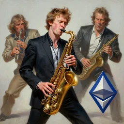 vitalik buterin playing the saxophone, intense saxophone solo, painting by frank frazetta, glenn fabry and wayne barlowe, 3 d rendering by beeple, bizarre ethereum marketing, clean