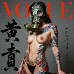 super model with 1930s gas mask, Japanese yakuza tattoo all over her curvy body , blue and red tattoo, Vogue issue January, asian calligraphy style, painted by Tom Bagshaw , 4K, Art Station, Syn Mead, highly detailed, cinematic lighting