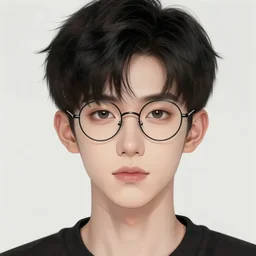 portrait of a cute androgynous young man with black hair and round glasses, detailed face, clean shaven, elegant digital art by george tooker, trending on artstation