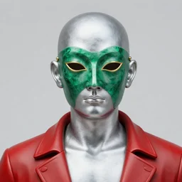 bald silver man statue, emerald mask, golden eyes, red coat, john howe, greg rutkowski