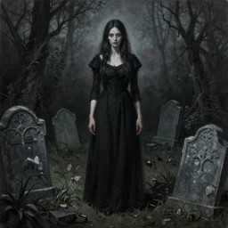a painting of a woman standing in a graveyard, an ultrafine detailed painting by seb mckinnon, featured on cgsociety, gothic art, darksynth, dark and mysterious, ominous vibe