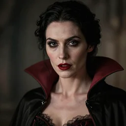 portrait of a lady vampire, 35mm, depth of field, DOF, ominous, sharp, highly detailed, photorealistic, realistic, unreal 5, high definition, 8k, deviantart, donato giancola, irwin penn, Alphonse Mucha