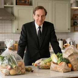 2 0 0 2 john lasseter wearing a black suit and necktie. he is in the kitchen of his house. there are several bags of groceries on the counter