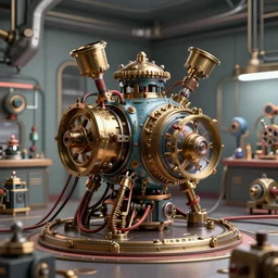3D photorealistic render of a steampunk 🫁 connected trough wired, on a advanced lab, octane render, 4k, unreal 5, very detailed, trending on artstation
