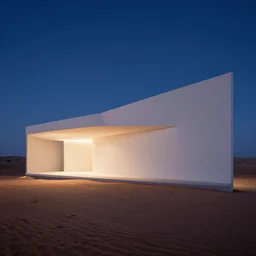 building in a desert at night, minimalist architecture, neon lights, james turrel,