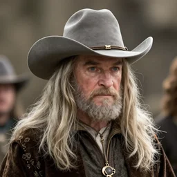 Gandalf wearing a cowboy hat. Movie still from lord of the rings the fellowship of the ring
