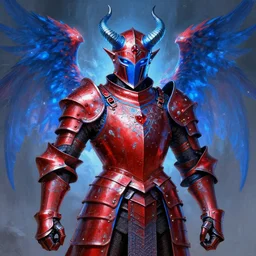 rococo style painting of full plate armor of crimson metal with azure blue lining and ruby studded worn by a horned blue skinned demon with glowing wings, impressive helmet, magic, enchanted, intricate, crystal, 8 k, artstation trending, masterwork