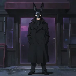 a man wearing a black trench coat and black rabbit mask standing outside a night club, anime film still from the movie directed by Junji Ito, wide lens