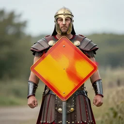 gladiator wearing a road sign on his kilt, red and yellow road sign chestplate
