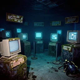 an abandoned spooky underwater aquarium filled with 1 9 8 0 s computers, illuminated displays of computer screensavers, retro museum exhibition with placards covered in algae, stanchions, photo taken on fujifilm superia film, 3 5 mm film, scuba devices