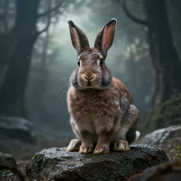 bunny sitting on rock, horrifying, hyper realism, scp, 8 k, dslr, dynamic lighting, epic background,