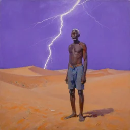 old black man, lightning bolt, namibia dune 4 5, shades of purple, oil painting by aaron douglas,