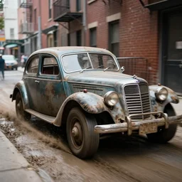 street photography by saul leiter, in a narrow new york alley, award winning photo of an ultra detailed intricate dirty vintage ford car speeding very fast on mud, fast shutter speed, motion blur, tiny gaussian blur, highly detailed, highly intricate, depth of field, trending on top gear