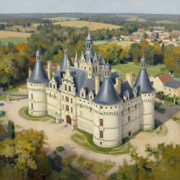 aerial view of chateau de fougeres, oil painting