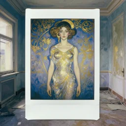 an elegant girl in a liminal abandoned room, blue and gold, old polaroid by goya, by pontormo, digital painting, jugendstil, art noveau, strong lights, flat colors, pastel colors, highly detailed,