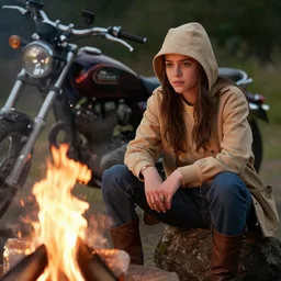 movie still of a girl in a tan trenchoat sitting by the campfire with her motorcycle