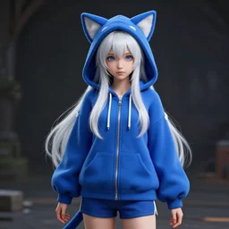 hyper - realistic + photorealistic 3 d render with very extreme intricate details, of a girl!!! wearing a blue cat + ear + hoodie and blue shorts, blue eyes and long white hair, in the style of final + fantasy 1 5, medium shot, digital game - art by ross tran, movie composition by sana takeda, dramatic cinematic lighting by greg rutkowski