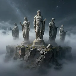 broken pantheon amidst a foggy cliff side under a starlit sky, matte painting, futuristic, sci fi, style of jordan grimmer, digital painting, trending on artstation, high detail, volumetric lighting, godrays
