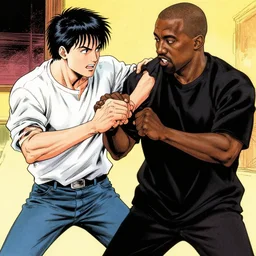 An illustration of Kanye West beating up Pete Davidson by Katsuhiro Otomo, comic book style, 8K concept art, cel shaded, anime
