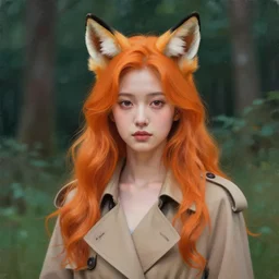 portrait painting by shigenori soejima, girl with fox ears, long wavy orange hair, light brown trenchcoat, forest background, focus on face, pretty, cinematic lighting, painterly
