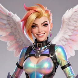 portrait bust digital artwork of tracer overwatch, wearing iridescent rainbow latex and leather straps catsuit outfit, 4 k, expressive happy face, makeup, in style of mark arian, angel wings, wearing detailed leather collar, chains, black leather harness, detailed face and eyes,