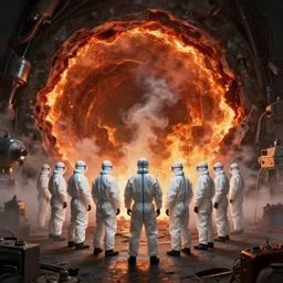 wide - shot photo of a group of scientists in hazmat suits, standing by a hell open rift portal, by shaun tan, codachrome, hellish, fire, smoke, machines, 8 k, hd, highly detailed,