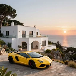 sicilian white villa built on the edge of a hill, lamborghini, sunrise, sea, trees, wide view, hyperdetailed, artstation, cgsociety, 8 k