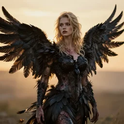 pretty blond girl body filled with raven feathers, golden hour, caustics, shallow depth of field, moody lighting, 8 k, concept art,