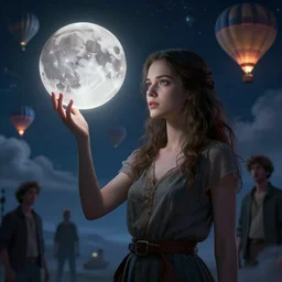 a hyperrealistic detailed, cinematic, mid shot portrait of a detailed woman. the woman is touching a glowing 3 d realistic blood moon. the background is a detailed night sky filled with hot air balloons and swirling clouds by kuvshinov and bilibin, karol back, barclay shaw and moebius