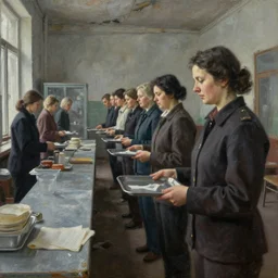 dark oil realistic painting a row of people being served trays by a cafeteria women in a decrepit soviet building
